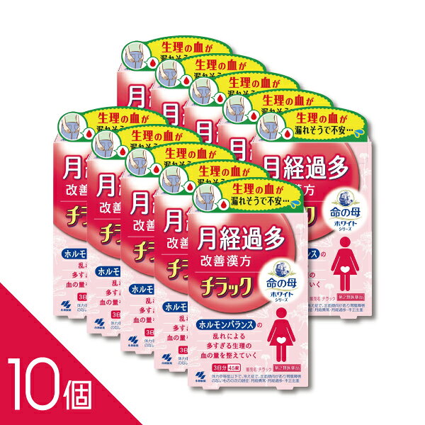 【第2類医薬品】チラック 45錠 【商品説明】 ●生理の時、昼なのに夜用ナプキンを使わないと漏れないか心配になるくらい、経血量が多くてつらい、月経過多の方のための医薬品です ●漢方処方「キュウ帰膠艾湯」が、止血作用により、ホルモンバランスの乱れで増えてしまった経血量を正常にしていきます ●生理が始まって、血の量が多そうだと感じたら、多くなる前に服用してください ●いつもより経血量が少ないと感じ、生理が楽になります ●使用上の注意 ■■してはいけないこと■■ ■■相談すること■■ 1.次の人は服用前に医師、薬剤師又は登録販売者に相談すること (1)医師の治療を受けている人 (2)妊婦又は妊娠していると思われる人 (3)胃腸が弱く下痢しやすい人 (4)高齢者 (5)次の症状のある人:むくみ (6)次の診断を受けた人:高血圧、心臓病、腎臓病 2.服用後、下記の症状があらわれた場合は副作用の可能性があるので、直ちに服用を 中止し、このパウチを持って医師、薬剤師又は登録販売者に相談すること 関係部位/症状 皮ふ /発疹・発赤、かゆみ 消化器 /食欲不振、胃部不快感、腹痛 まれに下記の重篤な症状が起こることがある。 その場合は直ちに医師の診療を受けること 症状の名称 / 症状 偽アルドステロン症、ミオパチー/手足のだるさ、しびれ、つっぱり感や こわばりに加えて、脱力感、筋肉痛があらわれ、徐々に強くなる 3.服用後、次の症状があらわれることがあるので、このような症状の持続又は増強が 見られた場合には、服用を中止し、このパウチを持って医師、薬剤師又は登録販売者 に相談すること:下痢 4.1ヶ月位(痔出血に服用する場合には1週間位)服用しても症状がよくならない 場合は服用を中止し、このパウチを持って医師、薬剤師又は登録販売者に相談する こと 5.長期連用する場合には、医師、薬剤師又は登録販売者に相談すること ●効能・効果 体力中等度以下で、冷え症で、出血傾向があり胃腸障害のないものの次の諸症: 月経異常・月経過多・不正出血、痔出血、貧血、皮下出血 ●用法・用量 大人(15才以上)1回5錠、1日3回食前又は食間に水又はお湯で服用してください (15才未満は服用しないこと) <用法・用量に関連する注意> 定められた用法・用量を厳守すること ●食間とは「食事と食事の間」を意味し、食後約2~3時間のことをいいます ●成分・分量 1日量(15錠)中 キュウ帰膠艾湯エキス 3.8g 〔センキュウ・カンゾウ・ガイヨウ・ゼラチン 各1.5g、 トウキ・シャクヤク 各2.25g、ジオウ 3.0g より抽出〕 添加物として、無水ケイ酸、ケイ酸Al、CMC-Ca、ステアリン酸Mg、乳糖を 含有する ●本剤は天然物(生薬)を用いているため、錠剤の色が多少異なることがあります ●保管及び取扱いの注意 (1)直射日光の当たらない湿気の少ない涼しい所にチャックをしっかりしめて保管する こと (2)小児の手の届かない所に保管すること (3)他の容器に入れ替えないこと(誤用の原因になったり品質が変わる) (4)本剤をぬれた手で扱わないこと ●お問い合わせ先 製品のお問合せは、お買い求めのお店又はお客様相談室にお願いいたします 小林製薬株式会社 お客様相談室 0120-5884-01 9:00~17:00(土・日・祝日を除く) 発売元 小林製薬株式会社 〒541-0045 大阪市中央区道修町4-4-10 製造販売元 小林製薬株式会社 〒567-0057 大阪府茨木市豊川1-30-3 副作用被害救済制度 0120-149-931 ―――――――――――――――――――――――― 広告文責 株式会社シーディ 電話：0120-19-9989 受付時間：10：00〜17：00(土・日・祝日を除く) ※パッケージデザイン等、予告なく変更されることがあります。 ご了承ください。 ----------------- 医薬品の使用期限 1年以上の使用期限のものを販売しております。 ------------------