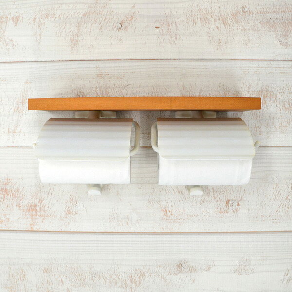 木製 棚付き 2連 ダブル トイレットペーパーホルダー スタンダード 古白色 携帯置き 小物置き 棚板 ホワイト 640484