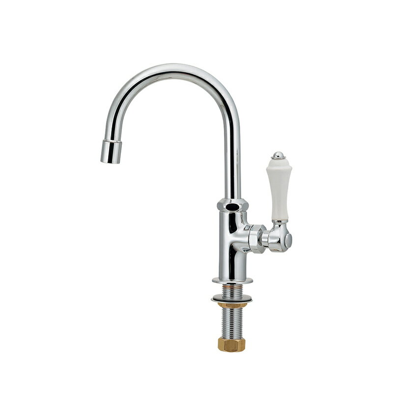 蛇口 おしゃれ 陶器ハンドル 手洗い 単水栓 アンティーク調 立形スワンレバー水栓（クロム）｜かわいい..