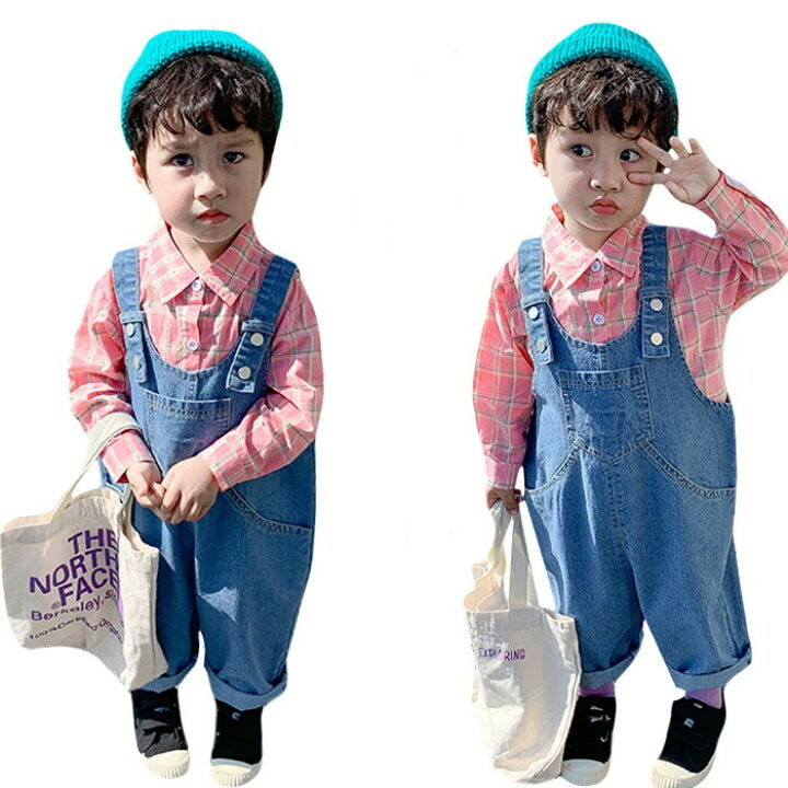 Denim - デニムオーバーオール 男の子 デニム おしゃれ 秋冬 キッズ ロングパンツ 無地 かわいい 子供 サロペットパンツ ゆったり カジュアル 重ね着 レイヤード