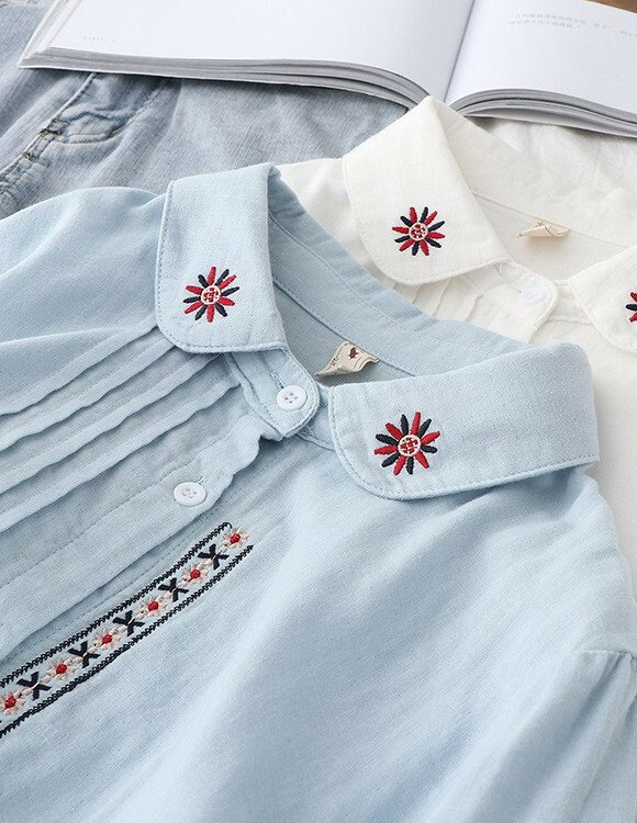 Rakuten - レディース 刺繍 ガーゼ 柄 シャツ トップス シャツ ブラウス ゆったり 長袖 ストライプ柄 綿 前開き コットン コーデ ブラウス シンプル カジュアル 可愛い 送料無料