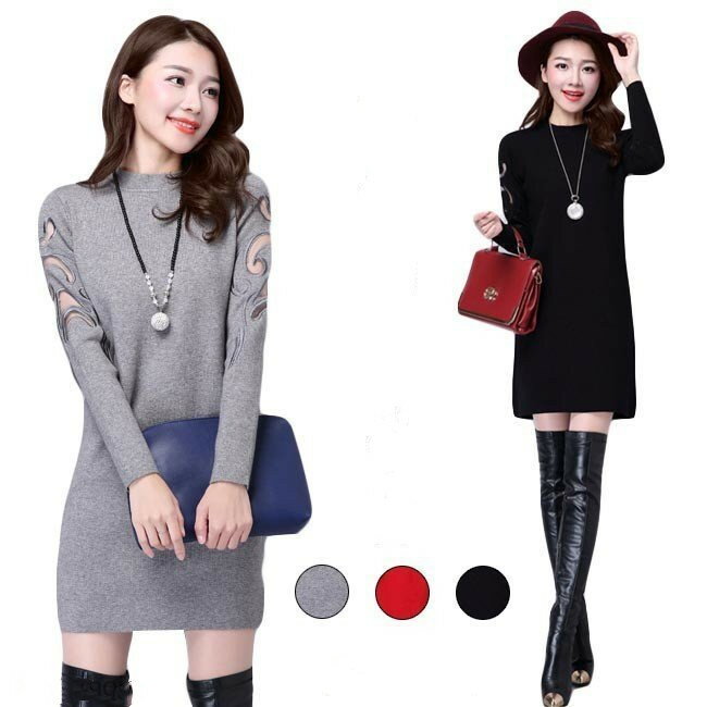 ワンピース ニット 透かし編み ニットワンピース レディース 長袖 女性 ミニ丈ワンピース ニットワンピ クルーネック レトロ