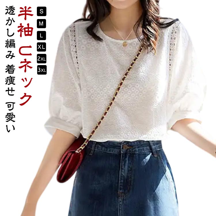 Rakuten - 花柄 レディース トップス ブラウス レース おしゃれ シャツ 小花 半袖 Uネック クールネック 透かし編み 着痩せ 可愛い オフィス ボリュームスリーブ 女性らしい 刺繍 通勤 デート お出かけ カジュアル