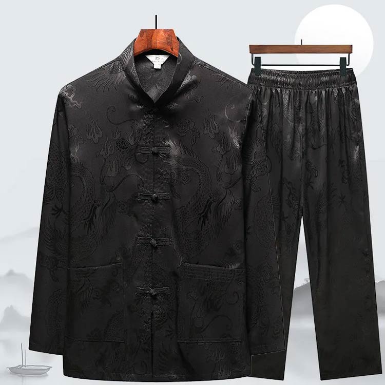 2点セット チャイナシャツ ロングパンツ チャイナ服 漢服 上下セット 男性用 スタンドカラー 長袖シャツ メンズ 送料無料 太極拳服 セットアップ 中華風 立ち襟 カンフー服 チャイナボタン 唐装 普段着 涼しい 中華風 中華服 演出服 春 夏 秋 男性用