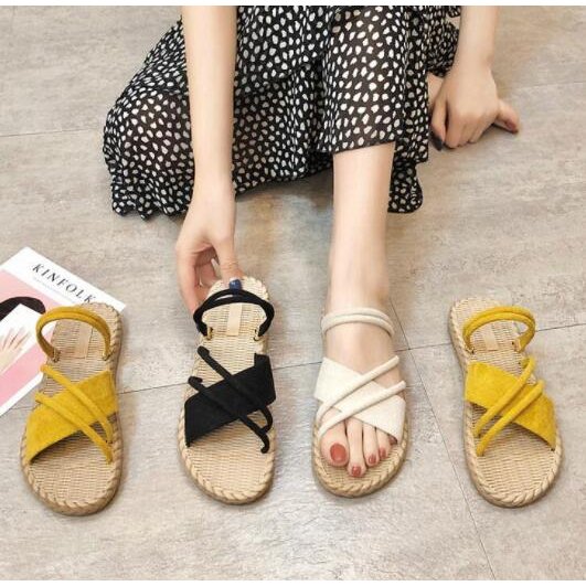 ジュート風サンダル フラットサンダル ぺたんこ 無地 2way レディース リネン 歩きやすい ローヒール 美脚靴 シューズ 夏