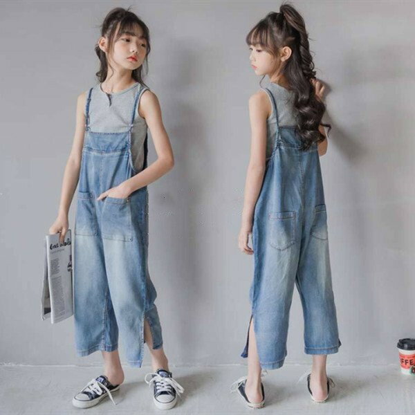 子供服 女の子 夏服 レジャー セットアップ キッズ タンクトップ + デニムオーバーオール 九分丈 2点セット 無地 綿 カジュアル 普段着 通学着 リゾート