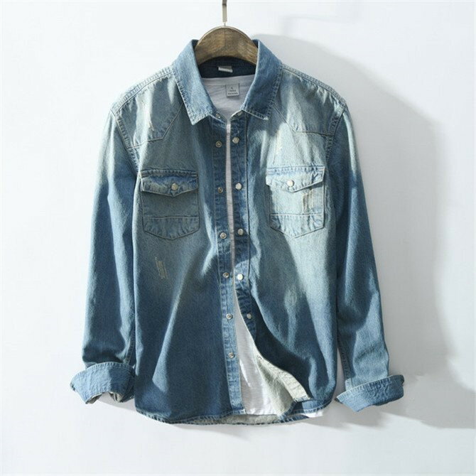 Denim Shirt - デニムシャツ メンズ 長袖 スリム ストレッチ ユーズド加工 カジュアル 長袖シャツ mnz-001