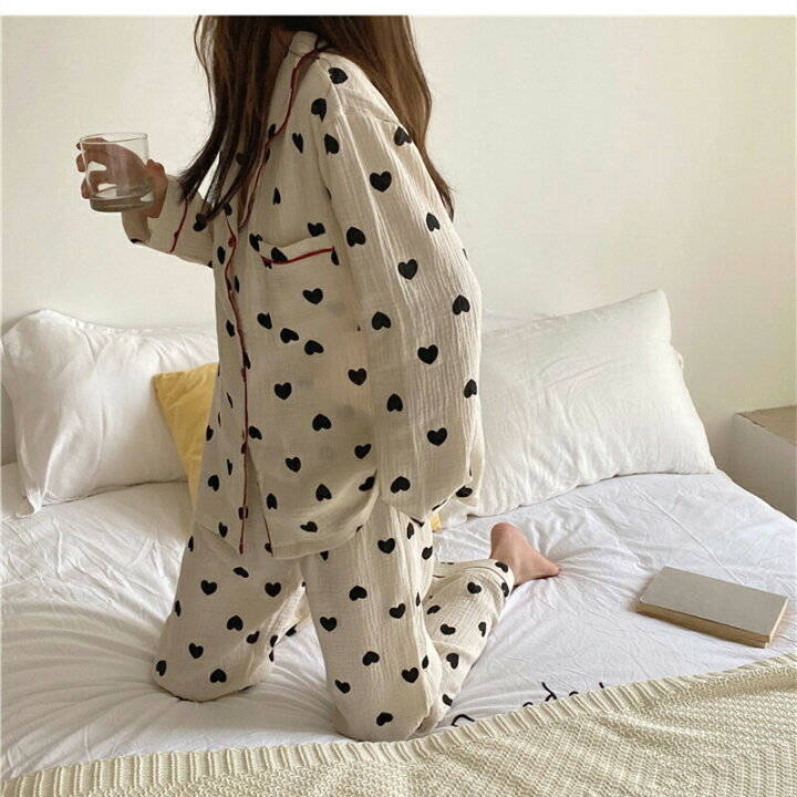 綿混 シャツ ゴミ出し ルームウェア セットアップ コットン レディース 上下セット 2点セット 長袖 カジュアル パンツ ロングパンツ 秋ルームウェア 秋パジャマ おうち服 パジャマ ハート柄 春秋 リラックス 抜け感 ゆるい 部屋着 春 秋(4.0)