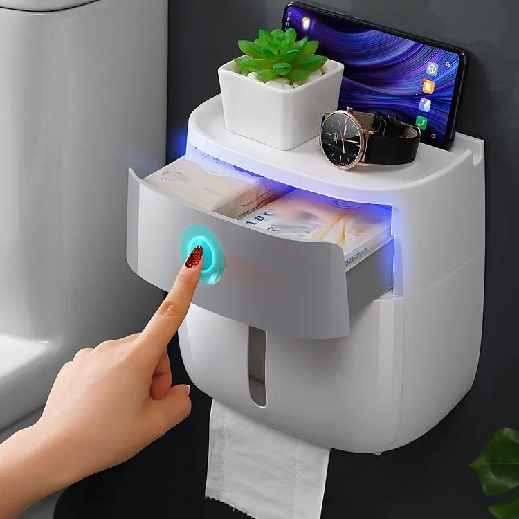 ティッシュケース 壁掛け ティッシュボックス 多機能 スマホスタンド 引き出し付き トイレ収納ラック トイレットペーパーホルダー トイレットペーパー 収納 ティッシュケースカバー ふた付き [2]