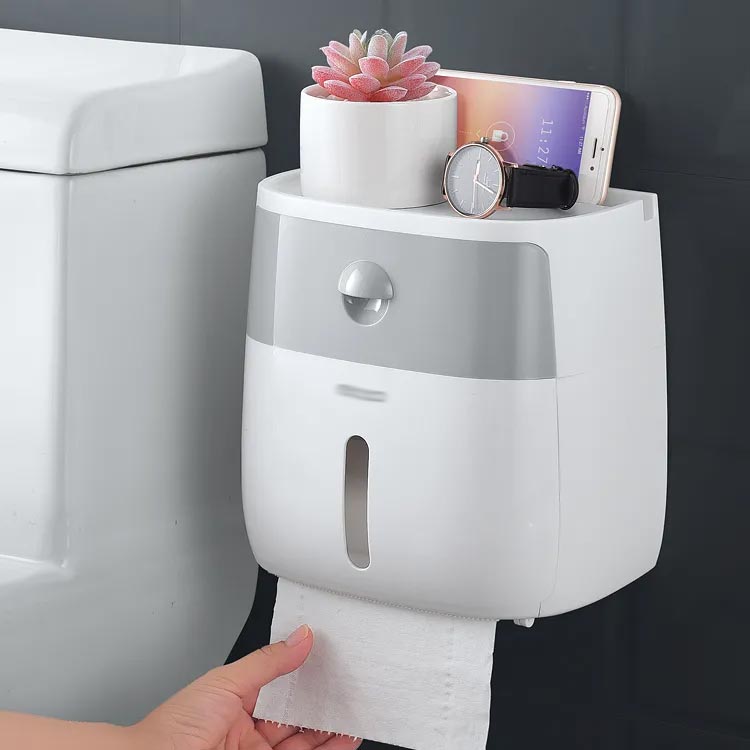 ティッシュケース 壁掛け ティッシュボックス 多機能 スマホスタンド 引き出し付き トイレ収納ラック トイレットペーパーホルダー トイレットペーパー 収納 ティッシュケースカバー ふた付き [3]