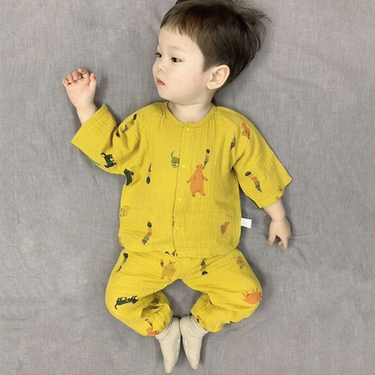 ルームウェア キッズ パジャマ 部屋着 前開き 長袖 ロングパンツ 2点セット コットン 子供服 薄手 涼しい ベビー 子ども服 長袖 トップス 長ズボン 上下セット セットアップ プルオーバー 送料無料