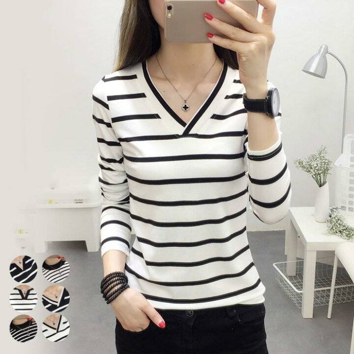 Vネック レディース インナーTシャツ 長袖 ボーダー柄 柄プリント 【送料無料】Tシャツ ラウンドネック トップス プルオーバー ストレッチ 伸縮性 Tシャツ 薄手 お洒落 カジュアル