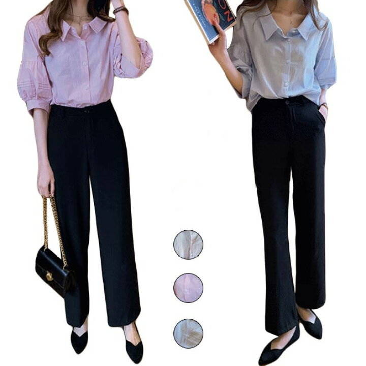 3-Quarter Sleeves - ブラウス 春 レディース オフィス 可愛い 5分袖 通勤 無地 ゆったり シャツ パフスリーブ ブラウス おしゃれ トップス 春 夏 秋