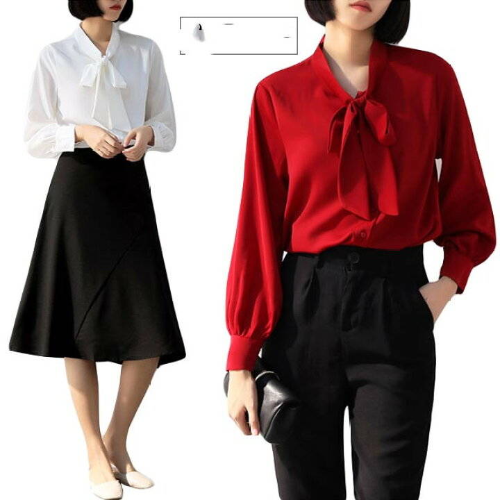 送料無料 春 とろみシャツ 無地 長袖 オフィス おしゃれ オシャレ レディース ブラウス リボン ゆったり カジュアル トップス 夏 秋 春