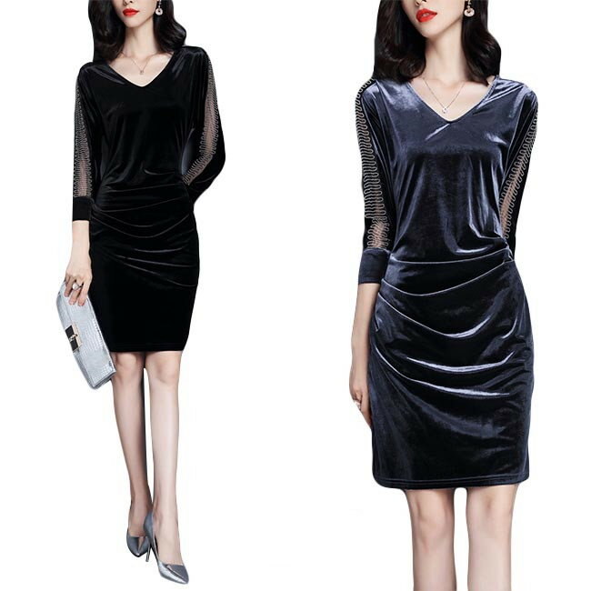 ワンピース 春 ショート丈 おしゃれ きれいめ 7分袖 ベロア レース 膝丈 パーティードレス レディース 無地 オシャレ ワンピース 夏 秋 春