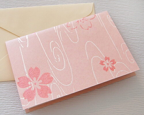 京からかみ　メッセージカード＜観世水に桜花散らし＞封筒付き1枚入り
