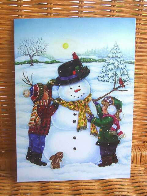 USA designer greeting クリスマスカード スノーマン作り Two Kids Making Snowman