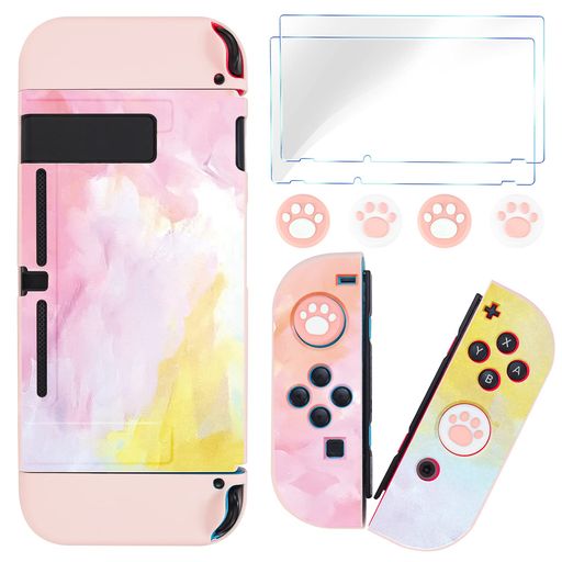 Rakuten - DLseegoSwitchスイッチケース分体式カバー全面保護ケース軽薄量滑り止め汚れ防止耐衝撃着脱簡単アナログスティックカバー可愛い猫爪肉球強化ガラスフィルム耐久性TPU製ピンク