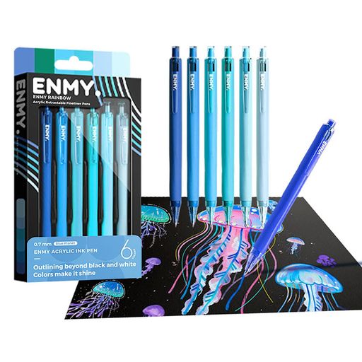 Rakuten - ENMY6色セット極細ペン0.7mm細字アクリルファイナーライナー線描黒い紙に書ける水性カラーファインライナーラインペン手帳青色(ブルー)