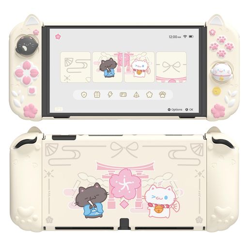 Rakuten - PlayVitalNintendoSwitchOLED対応保護ケース耐衝撃ドック対応有機el対応ハードカバー+シリコングリップ付き折り畳み式スタンド付属和風子猫デザイン【アイボリー】