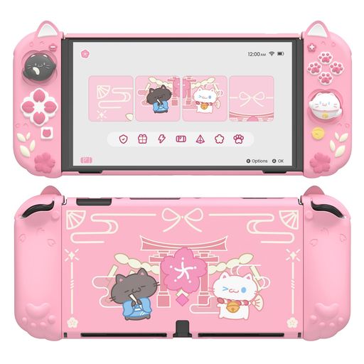 【Switch OLED対応ケース】有機el専用のスリム保護ケース。ケースを装着したままドックに差し込めるため、外出先・テーブルモード・携帯モードでも快適に使用できます。 【お祭りねこx桜のかわいいデザイン】着物姿のねこ、桜、神社モチーフをあしらった和風カワイイデザイン。見た目の可愛さと同時に、日常使用での軽い衝撃やキズから本体を守ります。 【滑りにくいシリコングリップ付き】柔らかいシリコン素材のグリップカバーは、ねこの肉球や耳をモチーフにしたデザイン。手に馴染みやすく、滑りにくいため、お子様や女性にもおすすめです。 【耐衝撃PCハードケース】背面は丈夫なPC素材を採用し、しっかりと本体を保護。分離型設計により、ボタン・通気口・着脱もスムーズできます。 【充実のセット内容】有機el対応保護ケース*1、Joy con対応シリコングリップ*2、ねこちゃんのスティックカバー*2、折りたたみスタンド*1。かわいいアクセサリーをまとめて楽しめるセットです。