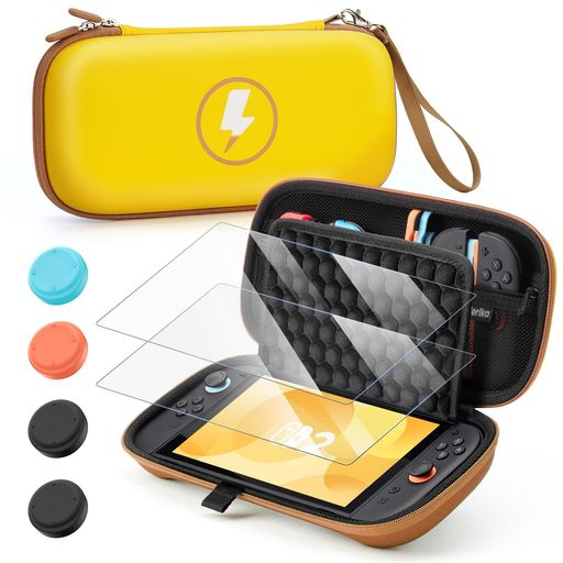 Rakuten - 【2025登場ケースセット】Switch2対応ケース収納バッグ保護フィルム2枚+スティックカバー4枚付きドット付きハニカムパネル画面保護防塵防水耐衝撃大容量ゲームカード10枚収納