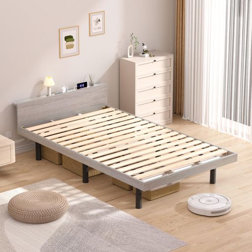 Rakuten - [Rakuisme]ベッドフレームシングルベッド宮棚2口コンセント3段階高さ調節すのこベット静音頑丈耐荷重200kg快適性通気性湿気対策組立簡単床下収納高さ26cmグレー