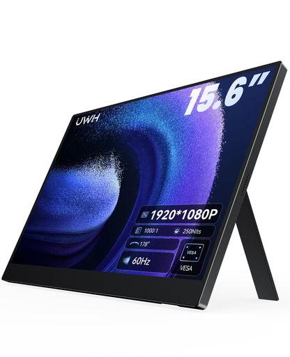 UWH 15.6インチ モバイルディスプレイ 液晶モニター マットスクリーン 1920x1080 FHD 16:9 1000:1角度調整可能な隠しスタンド 薄型デザイン PS4/PS5/XBOX/Switch/PC/Mac等に対応