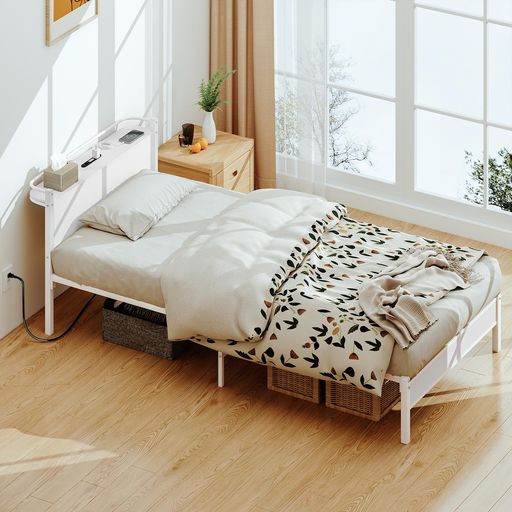 Rakuten - LunarLightスチールパイプベッドベッドフレーム幅97.5奥行き217.5高さ69.5cmすのこ静音シングルbedframeコンセント付きLEDライト付き宮棚付通気性耐久性総耐荷重400kgベッド下収納頑丈組立簡単