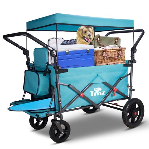 Rakuten - TMZキャリーカートアウトドアワゴン、折りたたみ式、シートとシートベルト付き多機能カート、荷室開閉と拡張可能、前後ダブルプッシュハンドル、耐荷重約120kg、ストッパー付き(ターコ…