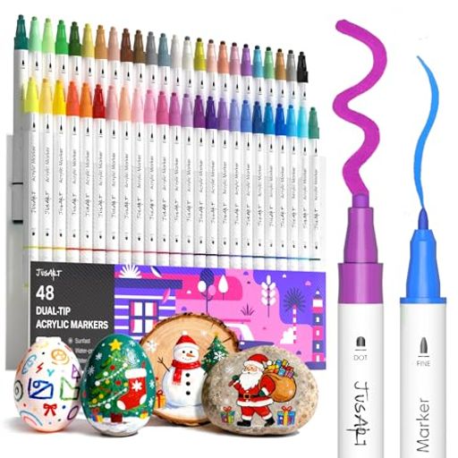 Rakuten - JusArtアクリルマーカーペン48色セットペイントマーカー筆先細字先両端アクリル絵の具イラストアートマーカーカラーペン水性布/ガラス/プラ/石/木材/陶器/金属に書けるメタリックカラー…