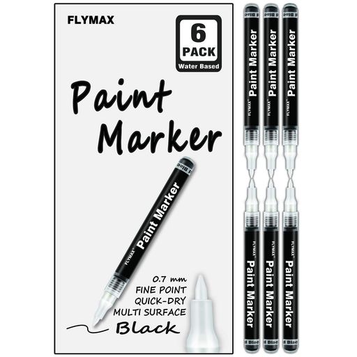 Rakuten - FLYMAXブラックペイントペン6本パック0.7mmアクリルブラック油性マーカーガラスセラミックロックレザープラスチックストーンメタルキャンバスエナメル防水書き込み極細