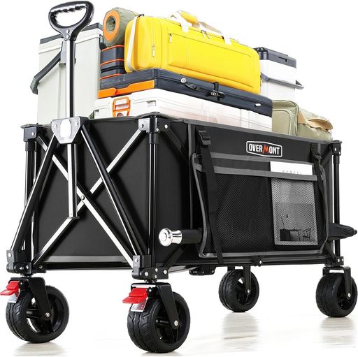 Rakuten - Overmontキャリーカートアウトドアワゴン150L大容量耐荷重約120kg4輪特大キャリーカートキャンプカートストッパー付折り畳みコンパクトワンタッチ収束式花見釣り運動会荷物運搬ブラック