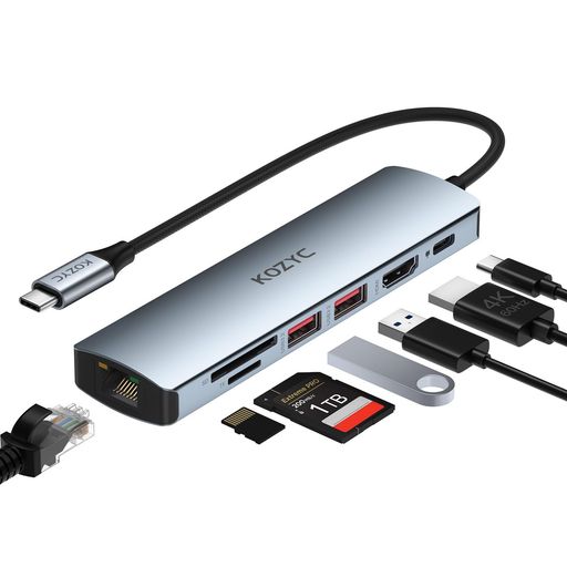 Rakuten - USBCハブイーサネットマルチポートアダプター、KOZYC7-in-1USBCハブHDMI4K@60Hz、1Gbpsイーサネット、100WPD、2つのUSB3.210Gbpsデータ、SD/TFカードスロットポート、Macbook