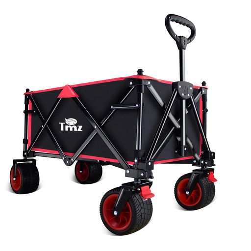 Rakuten - キャリーワゴン折りたたみ式キャリーカートワンタッチ収束アウトドア大型タイヤ大容量127L耐荷重120kgブレーキ付き、取り外し可能な屋根付き(黒と赤)