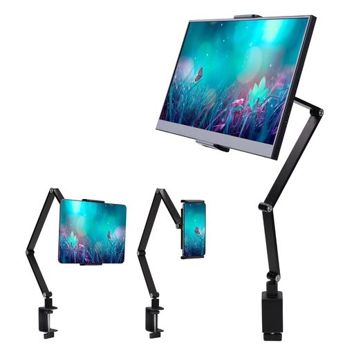 Rakuten - 2024最新モバイルモニタースタンドスマホタブレットアームスタンド折り畳み式強化アルミ製耐荷重1.5kgクランプ式6関節360度回転アルミ製安定折りたたみiPadkindleスタンド13.3/15.6/17.3インチ