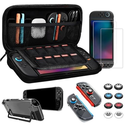 【Switch 2用アクセサリー収納ケース】Switch 2の収納ケースは、どこにでも持ち運び可能で、通常の製品よりも大容量です。パッケージには、Switch 2専用の収納ケース(1個)、9H強化ガラスフィルム(2枚)、分体式PC保護カバー(1個)TPU グリップケース(2個)、親指キャップ(8枚)。これ一つで、大切なデバイスをしっかり保護し、快適にプレイできます。 【 Switch 2 ケース・衝撃保護に上質素材】ケースはナイロン素材+高密度EVAと柔らかなベルベット素材の内側は、画面の傷を防ぎます。耐衝撃性、防塵、防水性、耐久性に優れています。頑丈なPUハードシェルで作られており、日常の落下、衝突、ショックからスイッチ2をしっかり保護します。内側は超柔らかい素材を使用、優しく包むように守ります。また、2本のエラストマー製ストラップでスイッチをしっかりと固定できます。 【9H硬度の強化ガラスフィルム・TPU保護カバー】高透過率の強化ガラスフィルムは、9H硬度で傷や衝撃から画面をしっかり保護。指紋防止加工により、クリアな画面を維持し、スムーズなタッチ操作が可能です。
