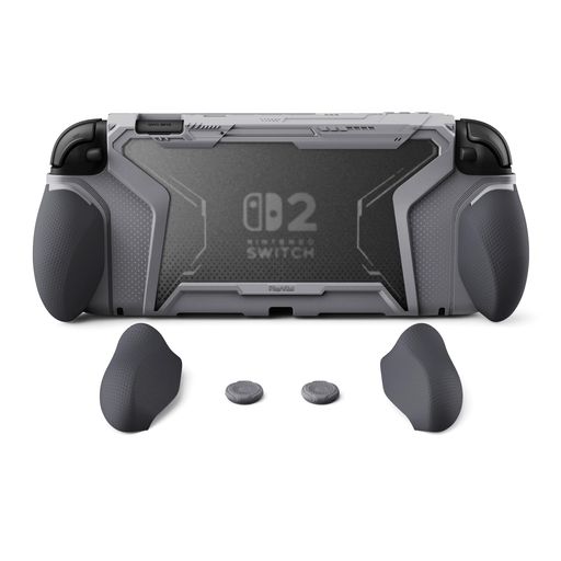 Rakuten - PlayVitalBEYOND-GRIPNintendoSwitch2(2025)対応交換式グリップ付きTPU保護ケースカバードック対応親指グリップキャップ付き耐衝撃人間工学デザイン【グレー】