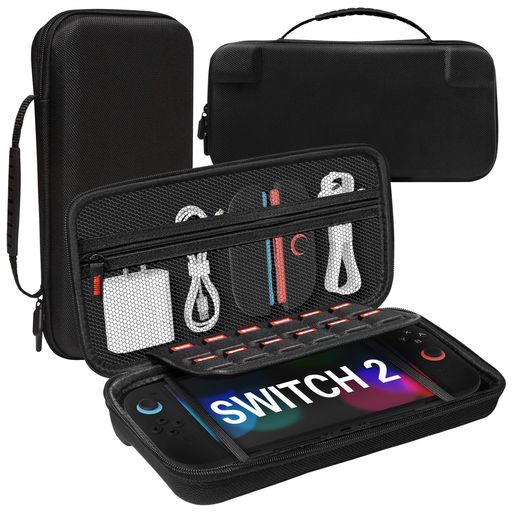 Rakuten - Teyomi大容量NintendoSwitch2用収納バッグ保護ハードシェル12個のゲームカードスロット付きNintendoSwitch2用ポータブル旅行収納ケースEVA素材防塵防水防振収納(ナイロンブラック)