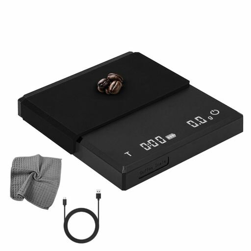 コーヒースケール ブリュースケール エスプレッソスケール シリコンカバー 高精度タイマー付き 測量範囲0.1g-2000g 風袋引き 食品/キッチン/コーヒー用 シリコンカバー USB充電式 (ブラック)