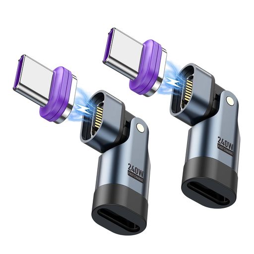1.【マグネット式デザイン 】このUSB-C変換アダプタはマグネット式デザインを採用しており、Type-Cインターフェースをスマートフォンの充電ポートに差し込むだけで、もう一方のコネクタが簡単に吸着し、片手で操作できます。インターフェースはスマートフォンに残したままで、頻繁な抜き差しによる摩耗を防ぎ、さらに防塵カバーとしても機能します。また、充電インジケーターが搭載されており、夜間の充電時でも簡単にデバイスを見つけることができます。 2.【L字型・180°回転設計】このアダプターは、ダブル軸強化構造を採用しており、左右180°の水平回転をサポートします。充電角度を自由に調整できるため、ゲームをしながらや動画を見ながらでも、コネクタ部分が邪魔にならず、充電体験をアップグレードします。 3.【PD240W・5A急速充電&amp;480Mbpsデータ転送】当社の充電器はPD3.0規格に対応しており、最大240Wの出力により、すべてのデバイスをフルスピードで充電できます。480Mbpsの転送速度に対応しており、画像の転送がスムーズに行えます。 4.【幅広い互換性】市販のほとんどのUSB-Cインターフェースに対応します。