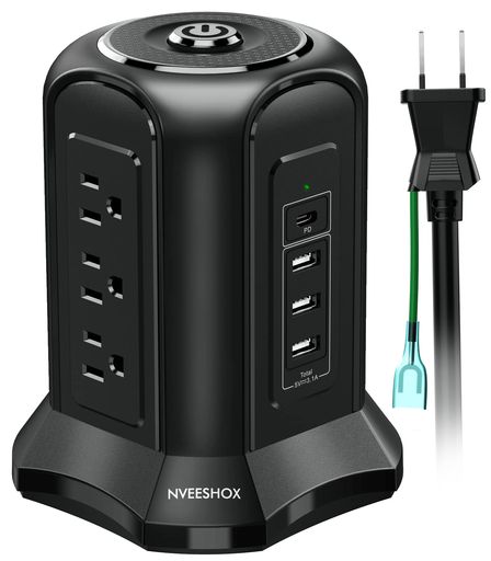 樂天商城 - 電源タップタワー型Type-C付PD機能付きusbコンセント延長コード2m雷ガード9個AC口4個USBポートたこあしコンセントテーブルタップOAタップ安全保護機能自宅用会社用ブラックNVEESHOX