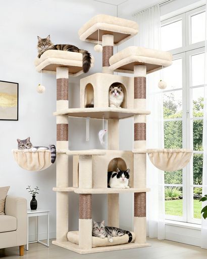 Rakuten - Globlazerキャットタワーベージュ高さ174cm多機能多頭飼い猫タワー取り外し可能なパッド展望台3つキャットハウス2つポータブルペットベッドと柔らかく快適な吊り下げバスケット2つ複数の…