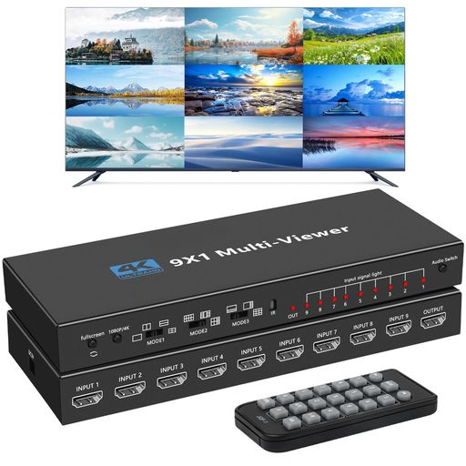 【HDMI 9x1画面分割器】このHDMI 9入力1入力画面分割切替器は、9系統のHD画面分割とシームレスな分割出力を備えた高性能切替器です。HDMI画面分割器の制御方法は器用で、ボタンとIR制御で切り替えることができます。取り付けが簡単な非常に実用的で安定した切替器です。パソコン、HDDレコーダーなどに適しています。主要なプロジェクト、会議場、その他の場所で使用できます。 【4K/1080P高解像度】HDMI 4K@30Hz/ 1080P@60Hz、3D、HDMI 1.4は複数の解像度に対応。HDCP1.2、入力はDV1.0バージョンに対応。音声出力形式はPCM2.0に対応。HDMI画面分割切替器の解像度は1080p 30Hzです。4Kと1080p 2つの解像度で、使いやすい解像度を選択できます。画面を分割した後も高解像度を維持できるため、使用者の見た目が良くなり、画面の解像度を交換できます。 【10分割モードとIRリモコン付き】HDMI画面分割器には9つの画面切り替えモードがあります。1つの設備で9つのHDMI設備の画像を同時に再生できます。