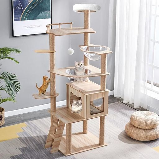 Rakuten - Yinanroaキャットタワー木製スリム宇宙船省スペースキャットタワースリム安定強化構造大型猫用多頭飼い猫タワー突っ張り据え置き型きゃつとタワー猫爬架大型猫用爪とぎキャットウォー…
