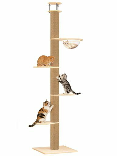 Rakuten - 「無垢材」U-YocanPetキャットタワー突っ張りスリム木製宇宙船ハンモック付き多頭飼い猫タワー省スペースシングル大型猫用安定性良い高さ調整幅230ー280cm太い支柱爪とぎ全縄巻き運動不足…