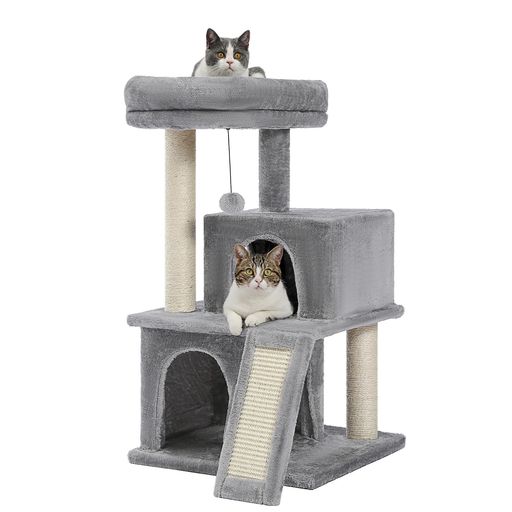Rakuten - PAWZRoadキャットタワー低いシニア短足子猫スリムミニ小型猫タワー2段ベッドコンパクト省スペース据え置きおもちゃ多頭飼い猫爪研ぎポール麻紐スロープ安定-高さ86cmライトグレー