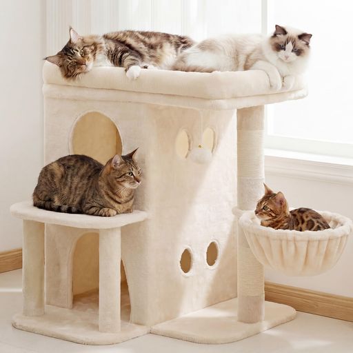 Rakuten - Heyblyキャットタワー高さ65cm大型猫用猫タワー据え置きスリム省スペース多頭飼い対応広々としたプラットフォーム二段猫ハウス剣麻巻き爪とぎ柱快適なバスケットポンポン飾り付き室内…