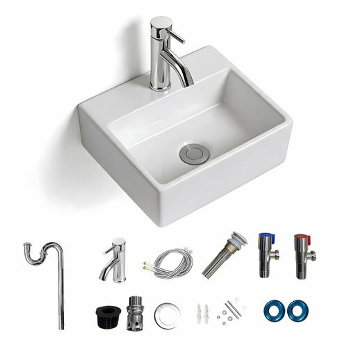 Rakuten - HopeFamily洗面ボウル手洗いボウル陶器製置き型混合水栓セット付きフルセット340x290x120mm水はね軽減コンパクトトイレ洗面台手洗い器洗面ボールホワイト