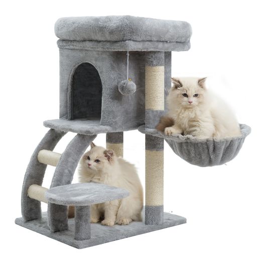 猫の運動と遊び, 猫の休憩とリラックス, スクラッチ, 猫に遊び道具の提供 【階段式・爪とぎ対応】猫が本能的に好む階段形状を採用し、耐久性のある麻紐で丁寧に巻き上げました。子猫や高齢猫でも足腰への負担を最小限に抑え、頂上まで楽に移動できます。階段自体が爪とぎ場所としても機能するため、猫の「登りたい」「爪を研ぎたい」という欲求を一度に満たす、使い勝手の良いキャットタワーです。 【快適ベッド・特等席】最上部には約40x30cmの広々としたベッドが設置されており、簡単に取り外しが可能です。ふかふかのクッションと転落防止の縁が付いているため、猫は安心してくつろぐことができます。猫が快適に寛ぎ、リラックスするための理想的な特等席です。 【隠れ家・ハンモック付き】暗がりの中で安心感を得られるキャットハウスと、包み込まれるようなバスケット型ハンモックを完備しました。肌触りの良い人工毛皮を使用し、猫が安心して深く眠れる二つの癒やしの空間を提供します。プライバシーを守れる設計で、愛猫の落ち着ける場所になります。 【豊富な爪とぎ面】3本の麻紐ポストに加え、階段の全段にも麻ロープを巻きました。
